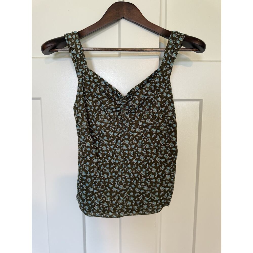 Old Navy Olive Green Floral Tank Top with Light Blue Flowers